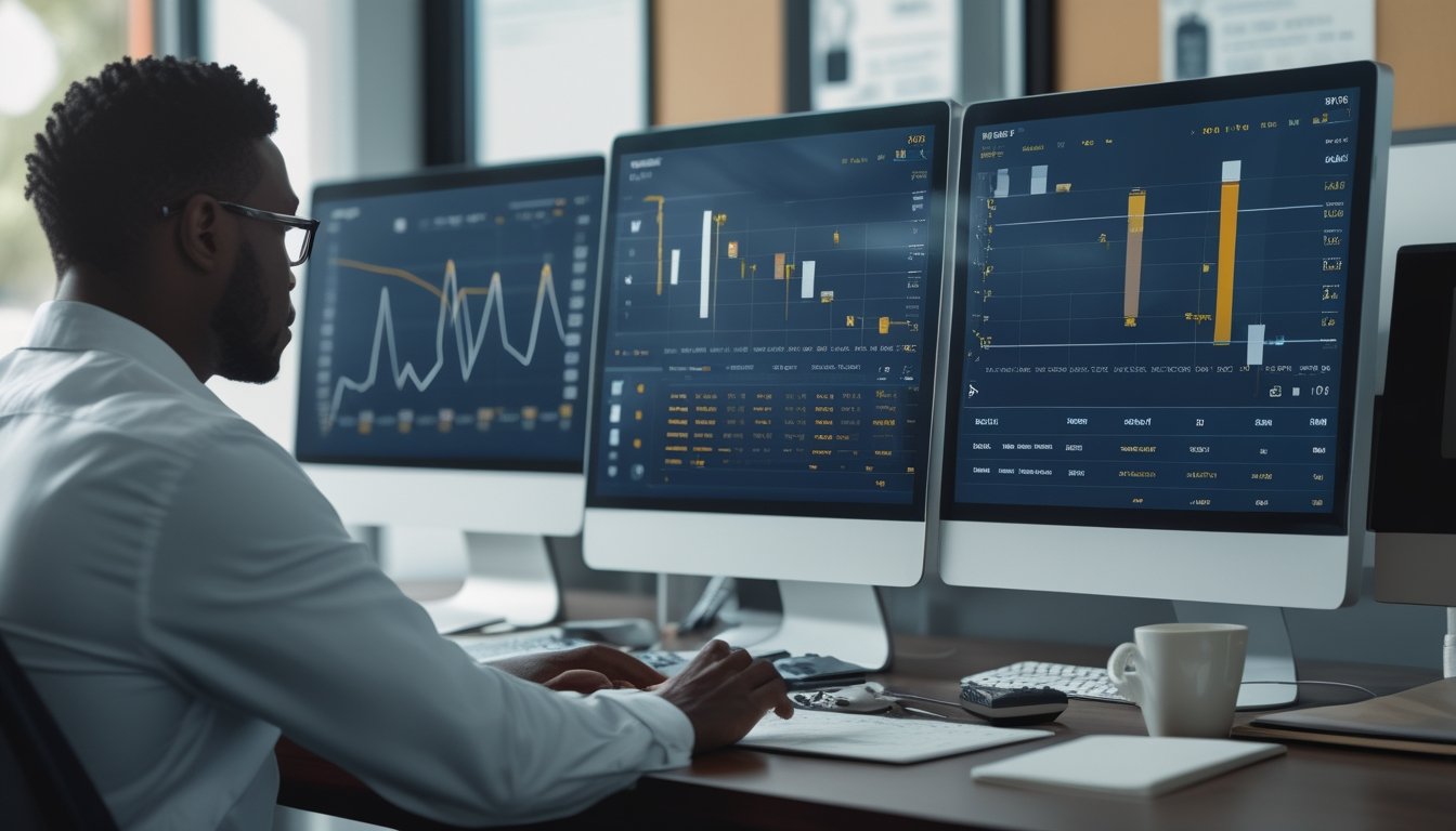 Seorang analis dewasa memeriksa grafik dan pola data harian pada beberapa monitor di meja kerja modern.