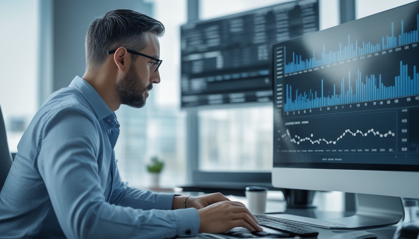 Seorang analis memeriksa data grafik pada laptop dan monitor di ruang kerja modern.