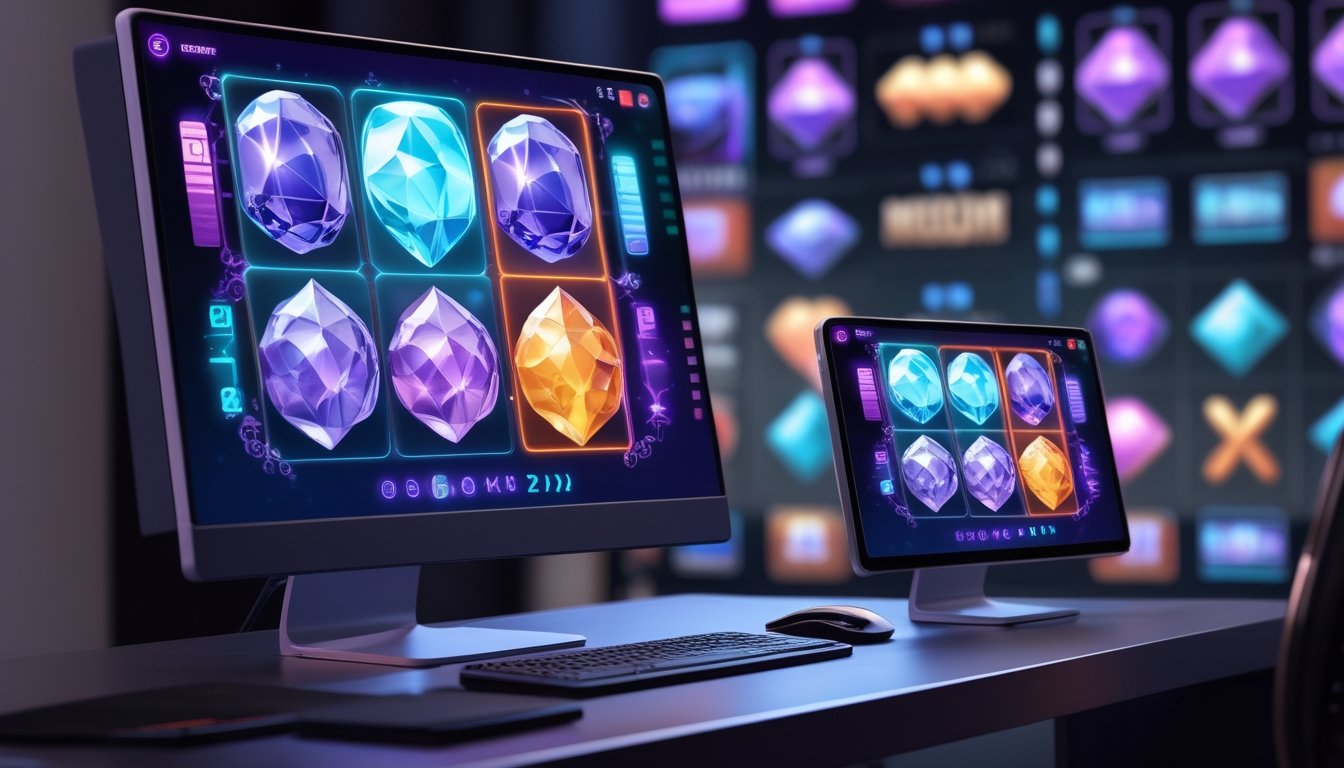 Monitor dan ponsel menampilkan permainan slot digital berwarna-warni dengan efek kemenangan bercahaya di atas meja modern.