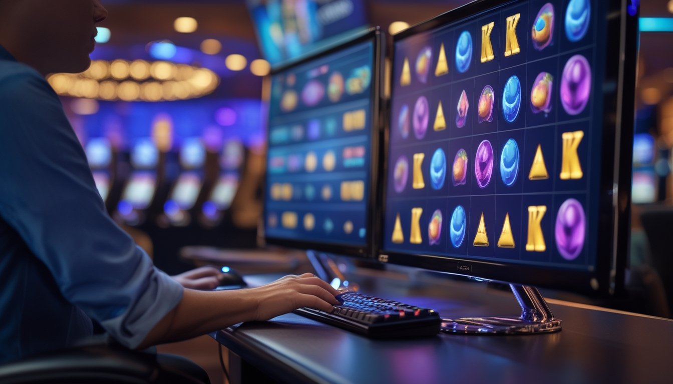 Monitor menampilkan permainan slot digital dengan simbol warna-warni yang jatuh dan membentuk kelompok di suasana kasino modern.