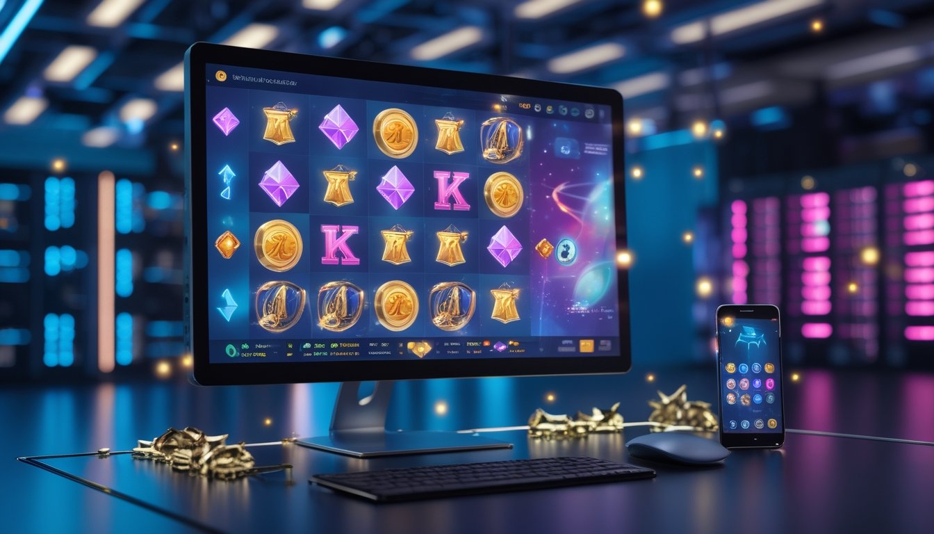 Komputer dan ponsel menampilkan permainan digital abstrak di depan ruang server modern dengan cahaya biru dan ungu.