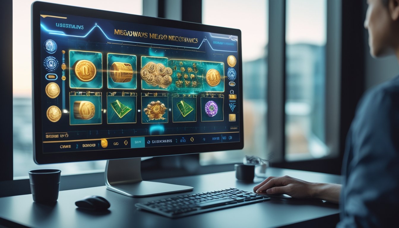 Monitor menampilkan antarmuka permainan slot abstrak dengan gulungan bertingkat dan pola simbol yang berubah di atas meja modern.