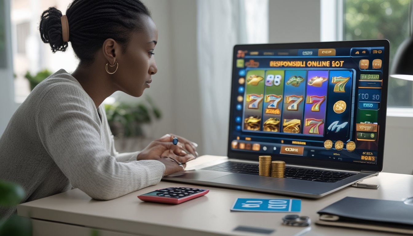 Seorang pemula mempelajari permainan slot di laptop sambil mengatur anggaran di meja kerja.
