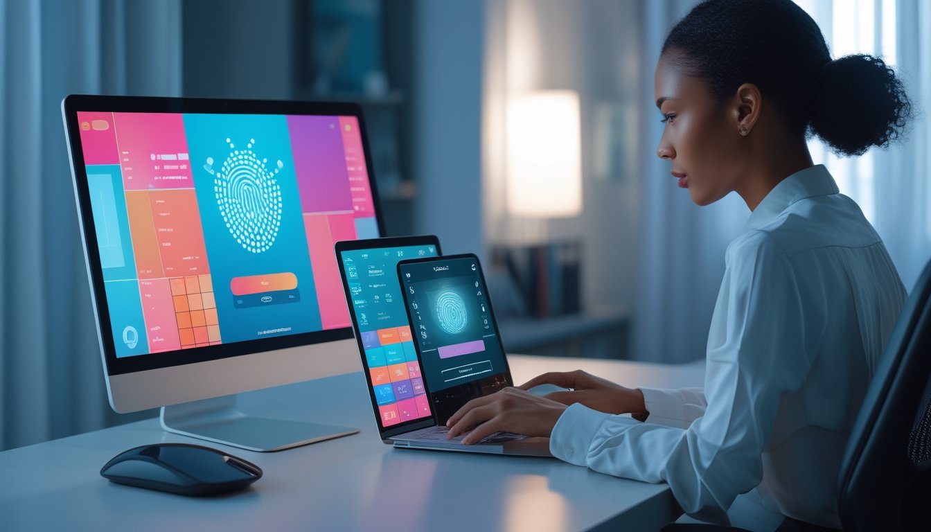 Seseorang menggunakan laptop dan ponsel dengan tampilan digital abstrak di meja kerja modern.