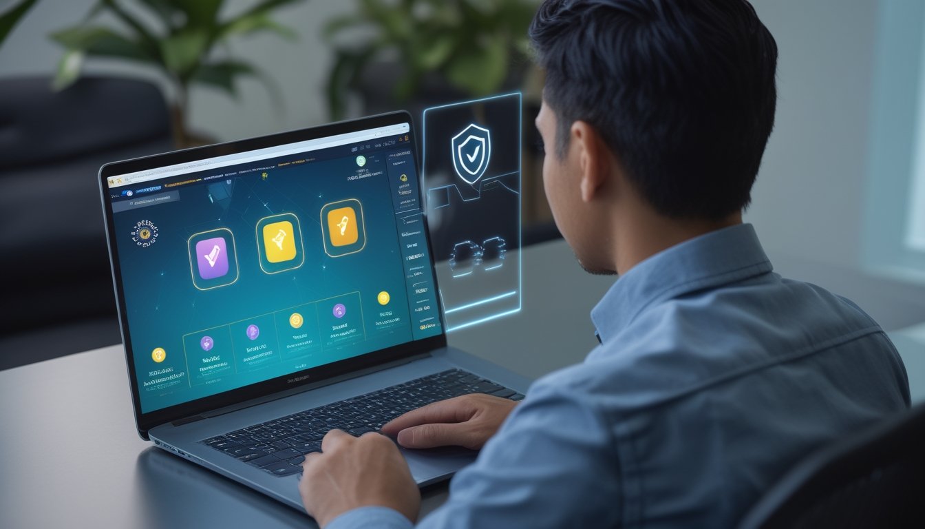 Pengguna mengakses platform hiburan digital resmi melalui laptop dan ponsel dengan simbol keamanan serta pembatasan akses.
