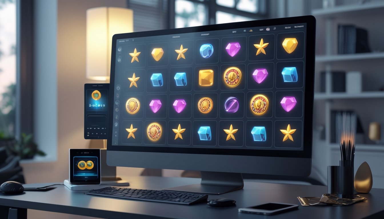 Meja kerja modern dengan monitor menampilkan antarmuka permainan digital berwarna-warni dan ikon keamanan.