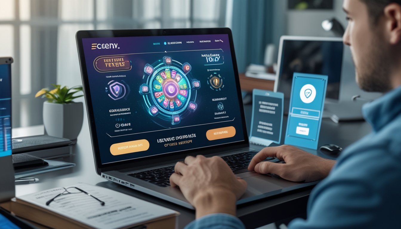 Seseorang melihat antarmuka permainan slot digital di laptop dengan simbol keamanan dan verifikasi.