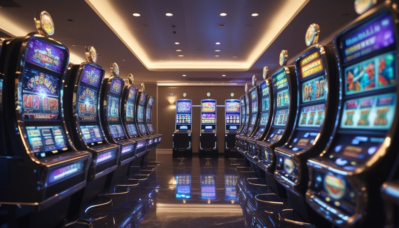 Deretan mesin slot digital modern dengan layar berwarna-warni dalam suasana kasino yang elegan.