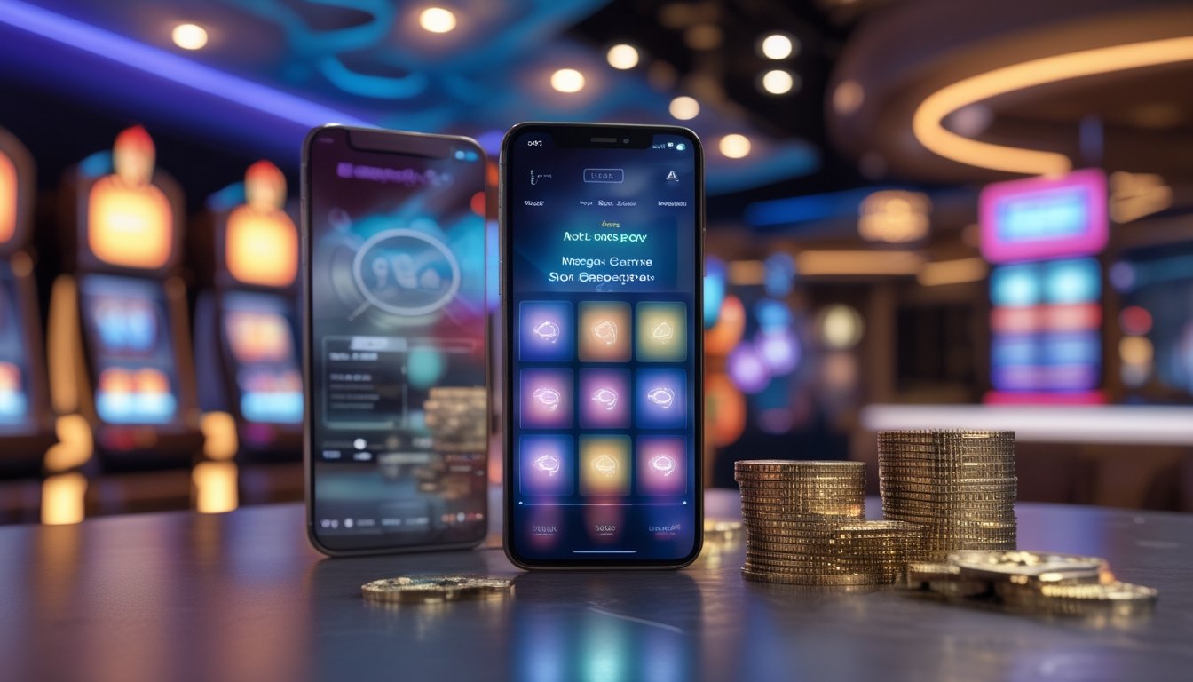 Ponsel menampilkan permainan slot digital dengan elemen pembayaran seluler dan latar bercahaya.