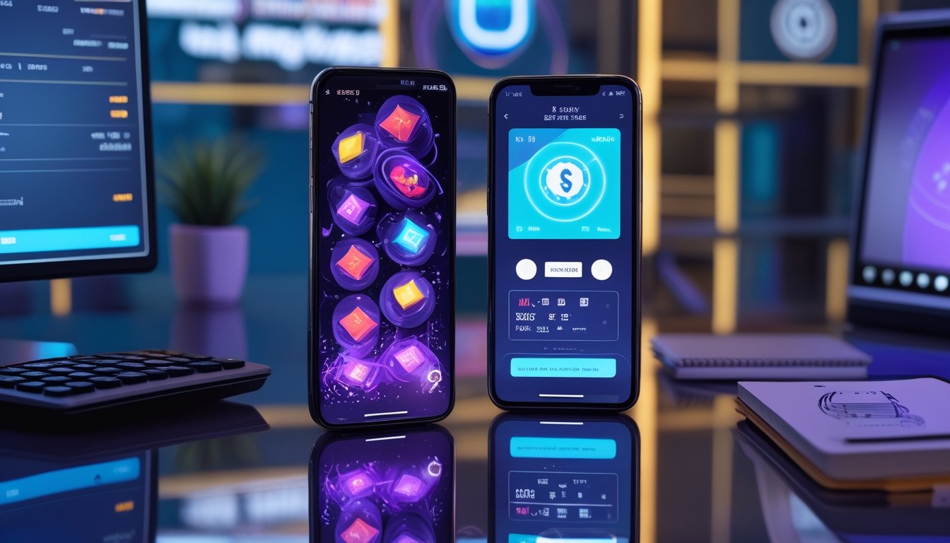 Dua ponsel menampilkan permainan slot abstrak dan konfirmasi pembayaran digital di atas meja modern.