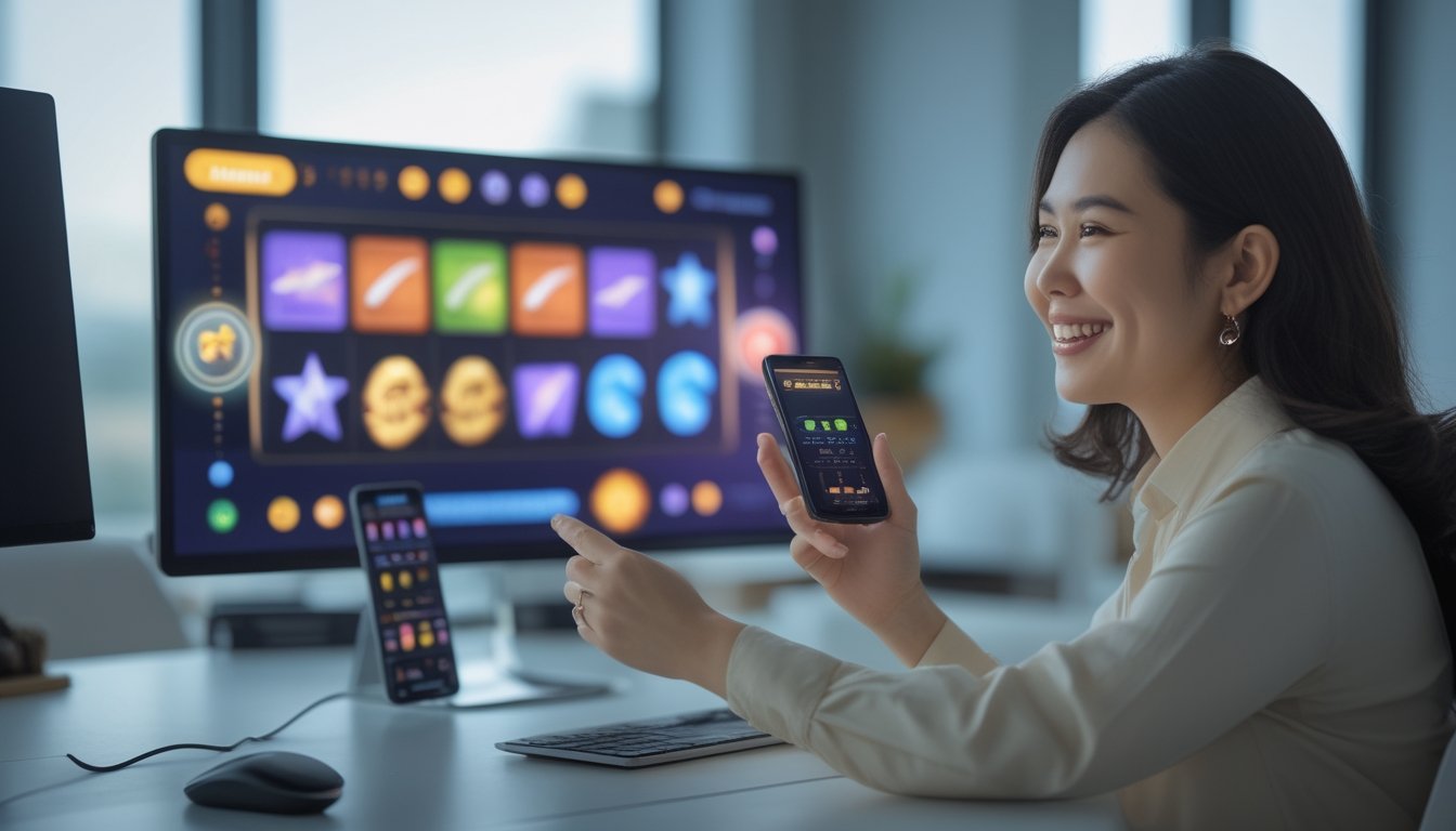Orang dewasa menggunakan perangkat digital dengan tampilan permainan gulungan warna-warni di ruang kerja modern.