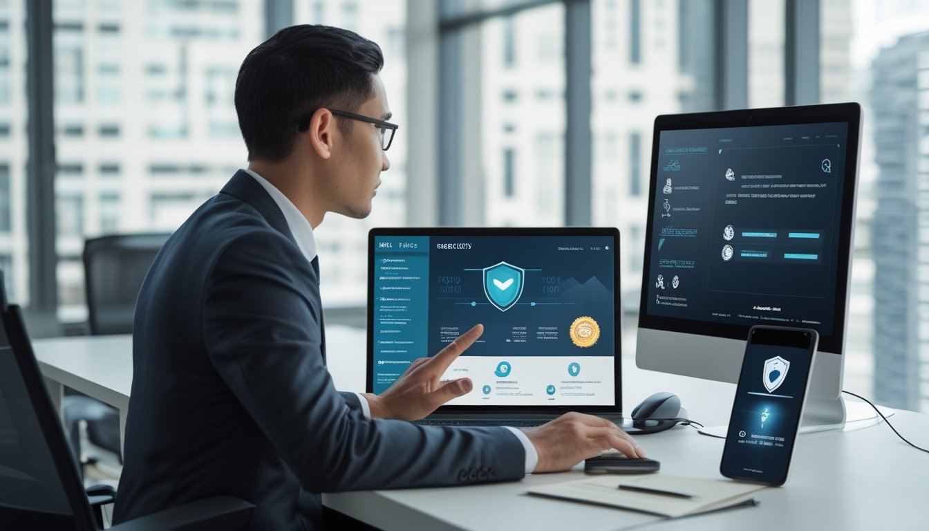 Analis dewasa memeriksa keamanan dan legalitas platform digital di meja kerja dengan laptop, monitor, dan simbol perlindungan data.