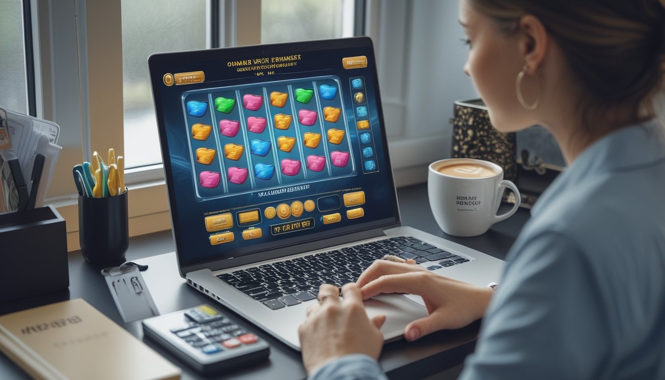 Seorang dewasa mengatur anggaran permainan slot online di meja kerja dengan laptop, kalkulator, dan buku catatan.