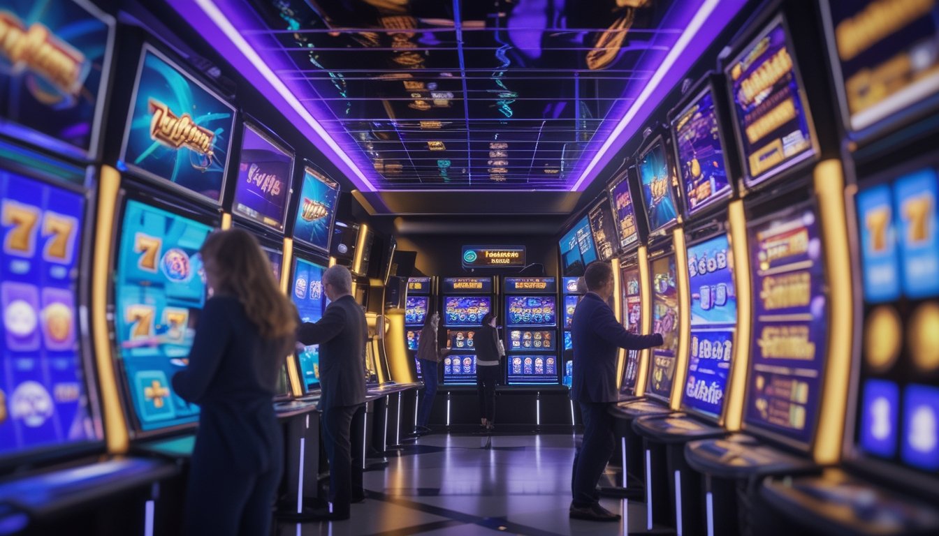 Pengguna dewasa melihat layar permainan slot digital berwarna-warni dalam lingkungan kasino modern.