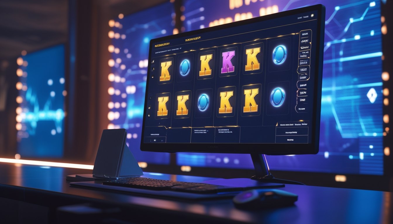 Monitor menampilkan antarmuka permainan gulungan dengan elemen analisis di ruang kerja bernuansa kasino modern.