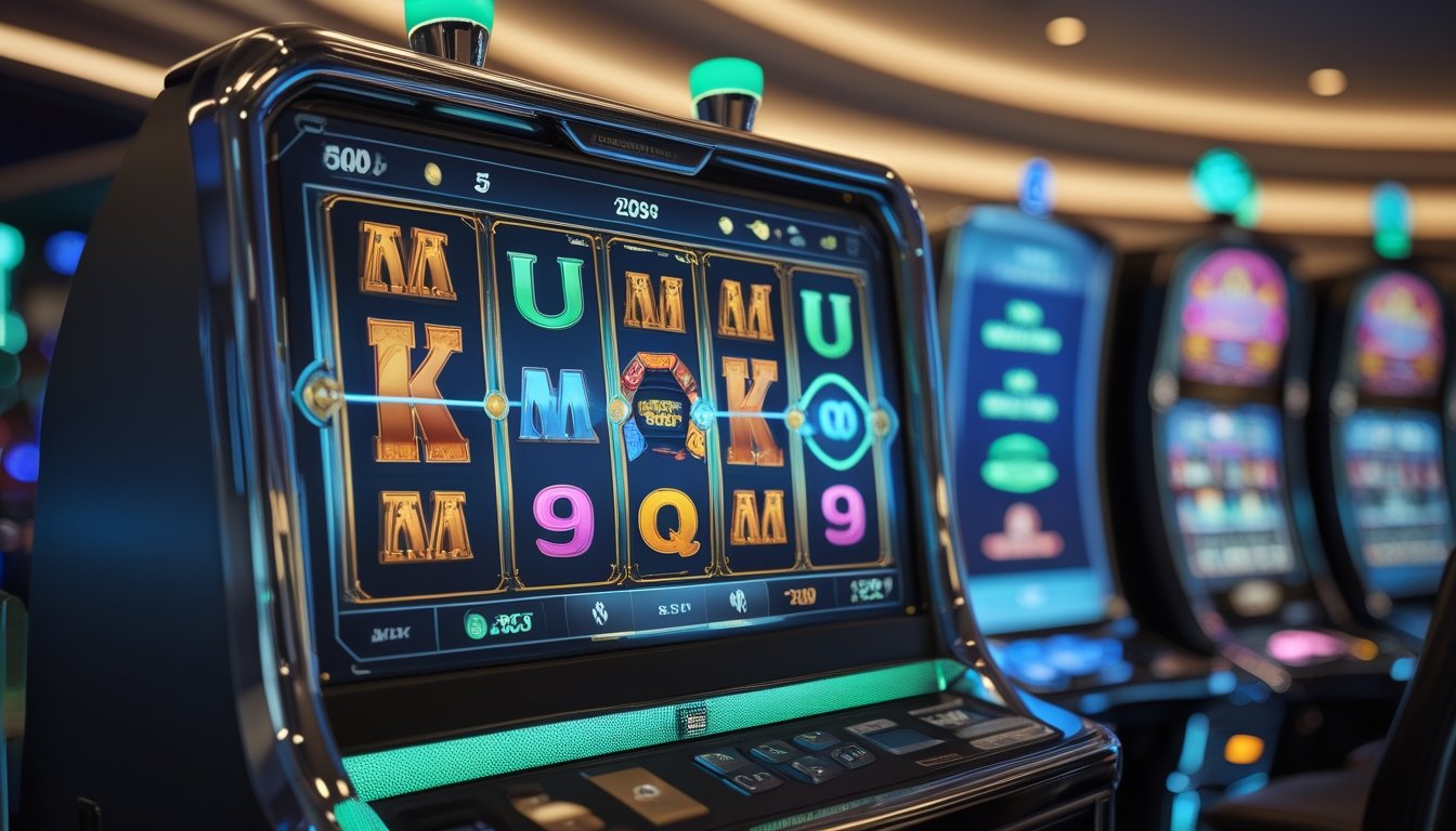 Mesin slot modern menampilkan gulungan permainan berwarna-warni dalam suasana kasino yang mewah dan terpercaya.