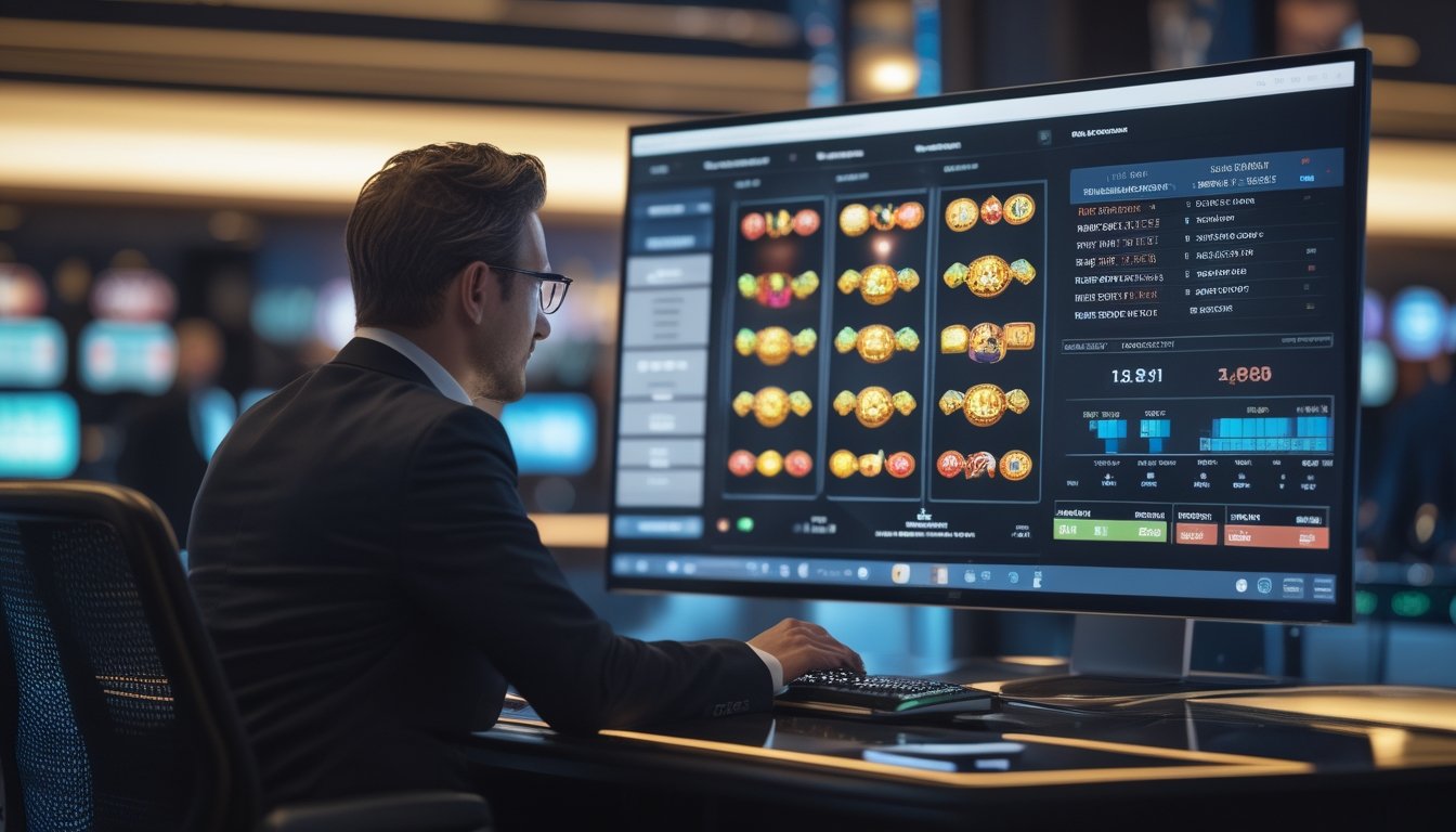 Seorang analis mempelajari permainan slot Megaways dan grafik statistik di depan komputer dalam suasana kasino modern.