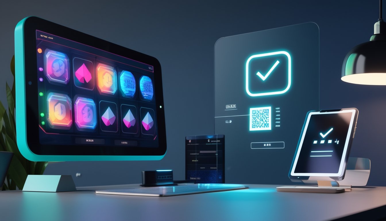 Ponsel dan tablet menampilkan permainan digital abstrak serta kode QR di atas meja modern dengan simbol keamanan.