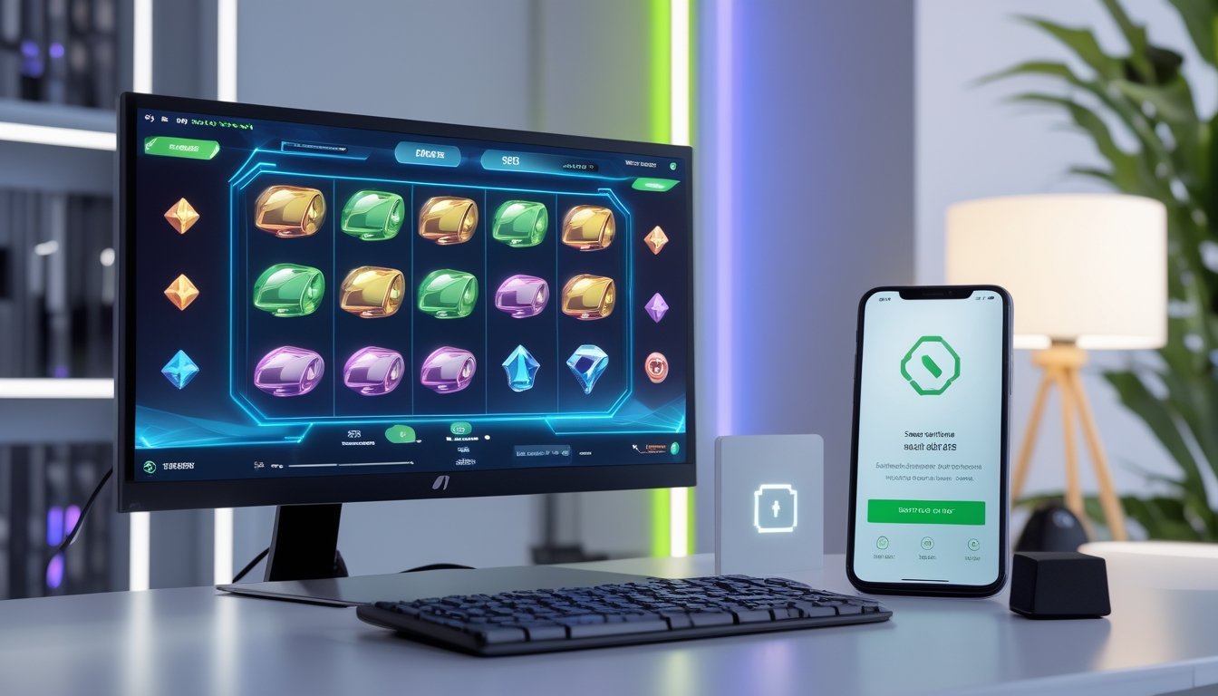 Monitor menampilkan permainan slot digital dengan ponsel di sebelahnya di meja modern.