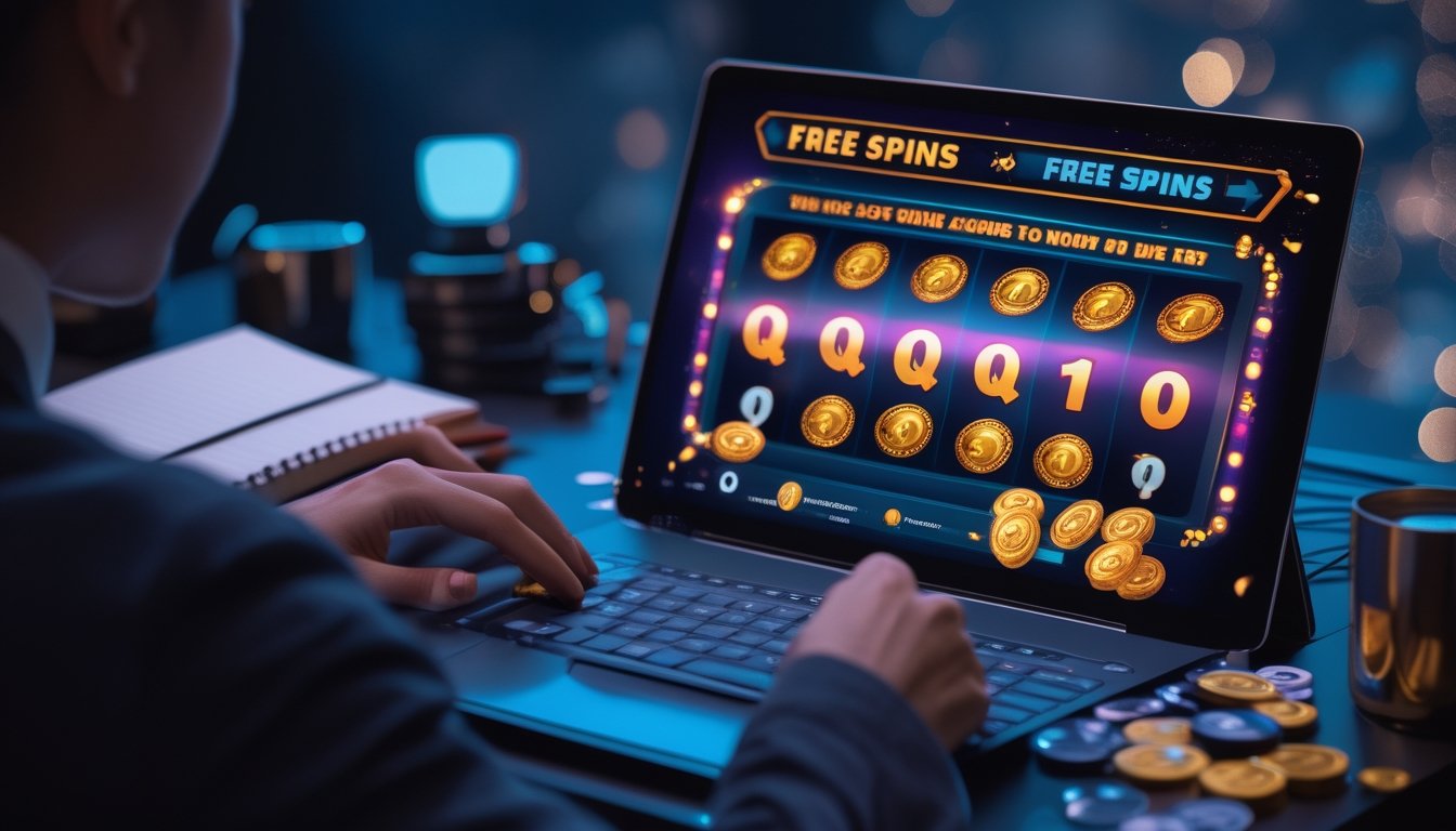 Seorang pemain menggunakan perangkat digital dengan tampilan permainan slot berwarna-warni dan elemen strategi di meja.