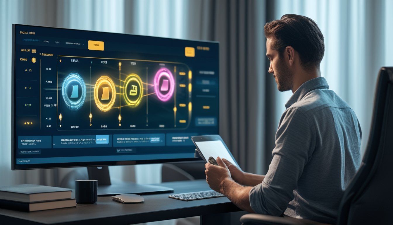 Pemain sedang menganalisis fitur spin gratis dan volatilitas permainan slot di depan komputer.