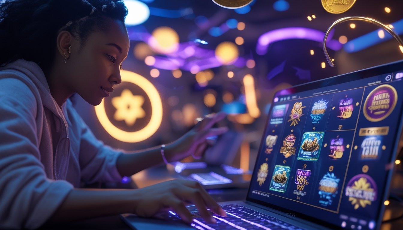 Pemula menikmati permainan slot digital dengan efek bonus di ruang kasino modern.