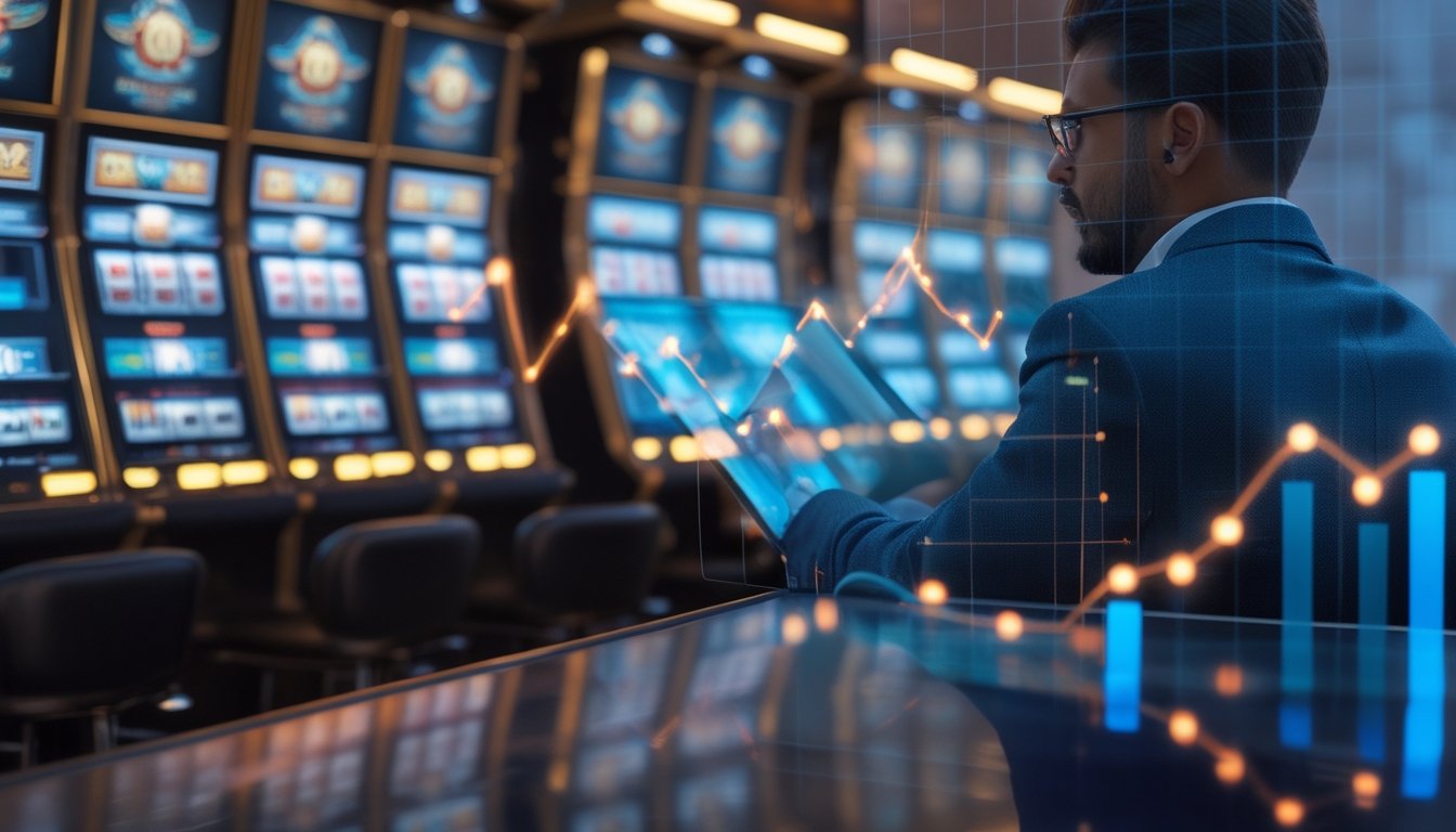 Analis data mempelajari mesin slot modern dengan grafik volatilitas dan visualisasi hasil putaran.