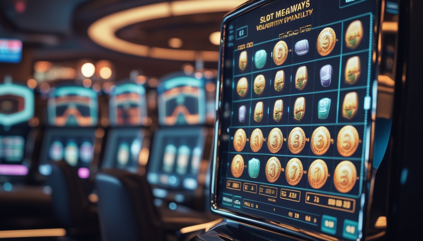 Mesin slot modern dengan gulungan dinamis dan analisis grafik abstrak di lingkungan kasino.