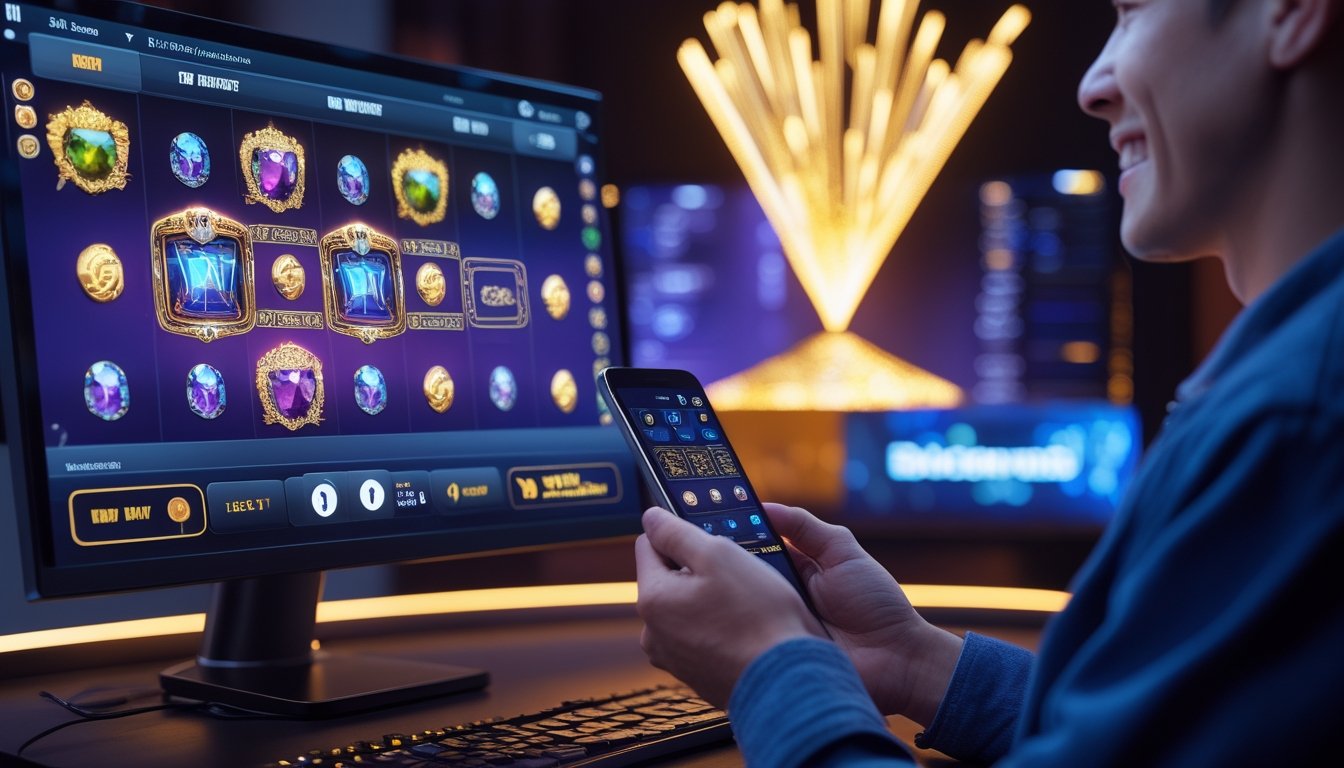 Orang dewasa memainkan permainan slot digital berwarna-warni di ponsel dengan cahaya keemasan dan koin di sekitarnya.