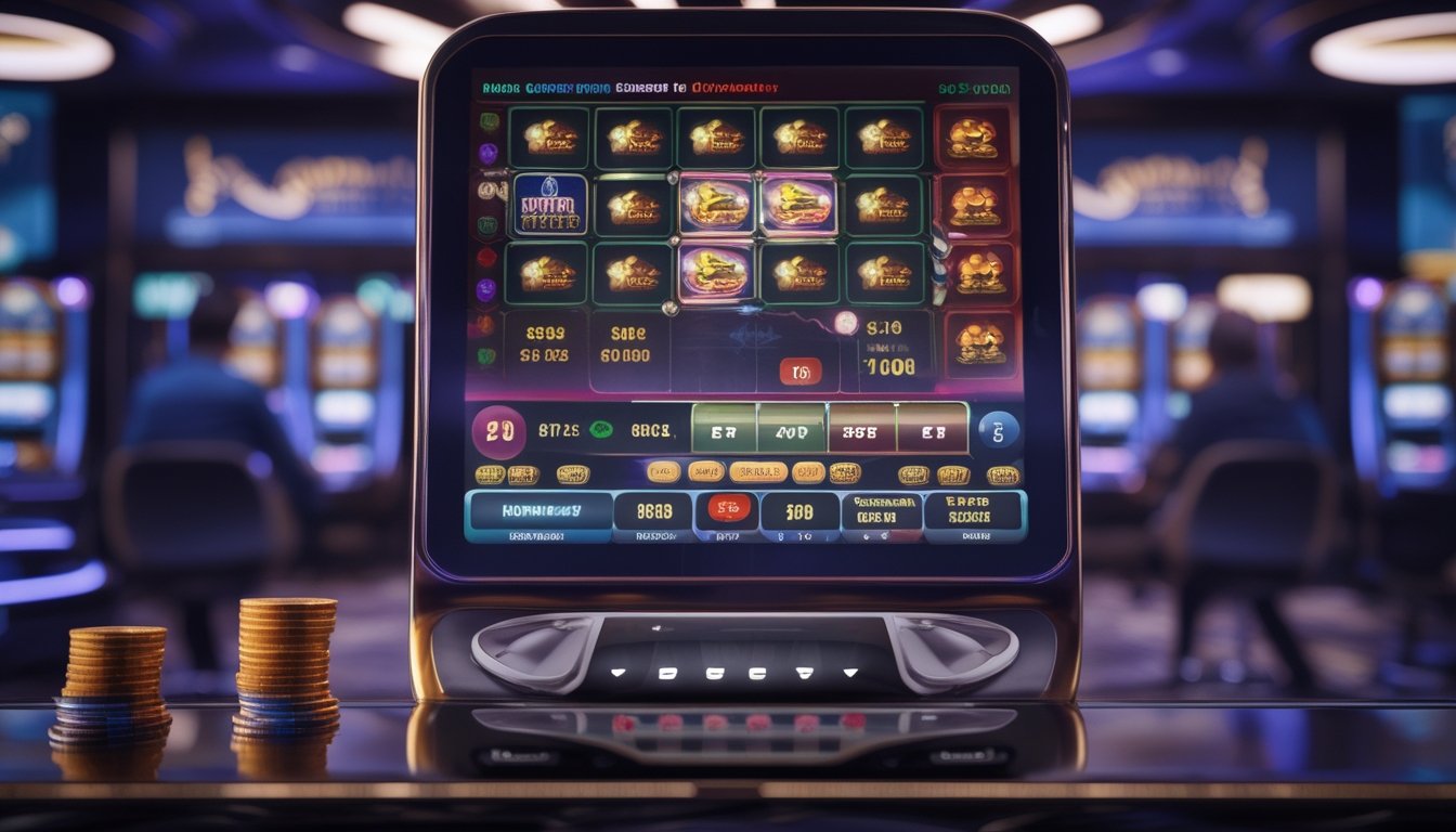 Pemain dewasa mengamati mesin slot digital dengan gulungan berwarna-warni dan token taruhan kecil di suasana kasino modern.