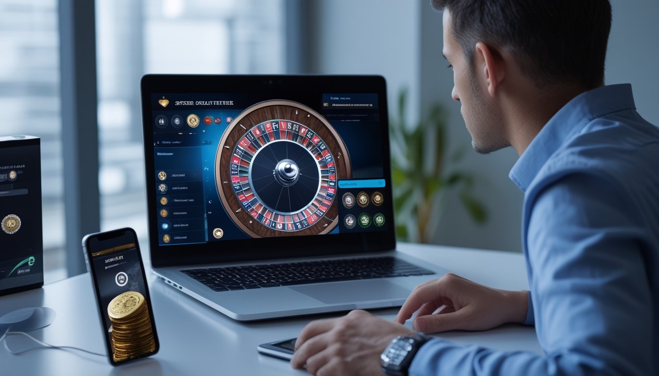 Orang dewasa rolet memainkan online di laptop dengan ponsel dan roda rolet di meja.