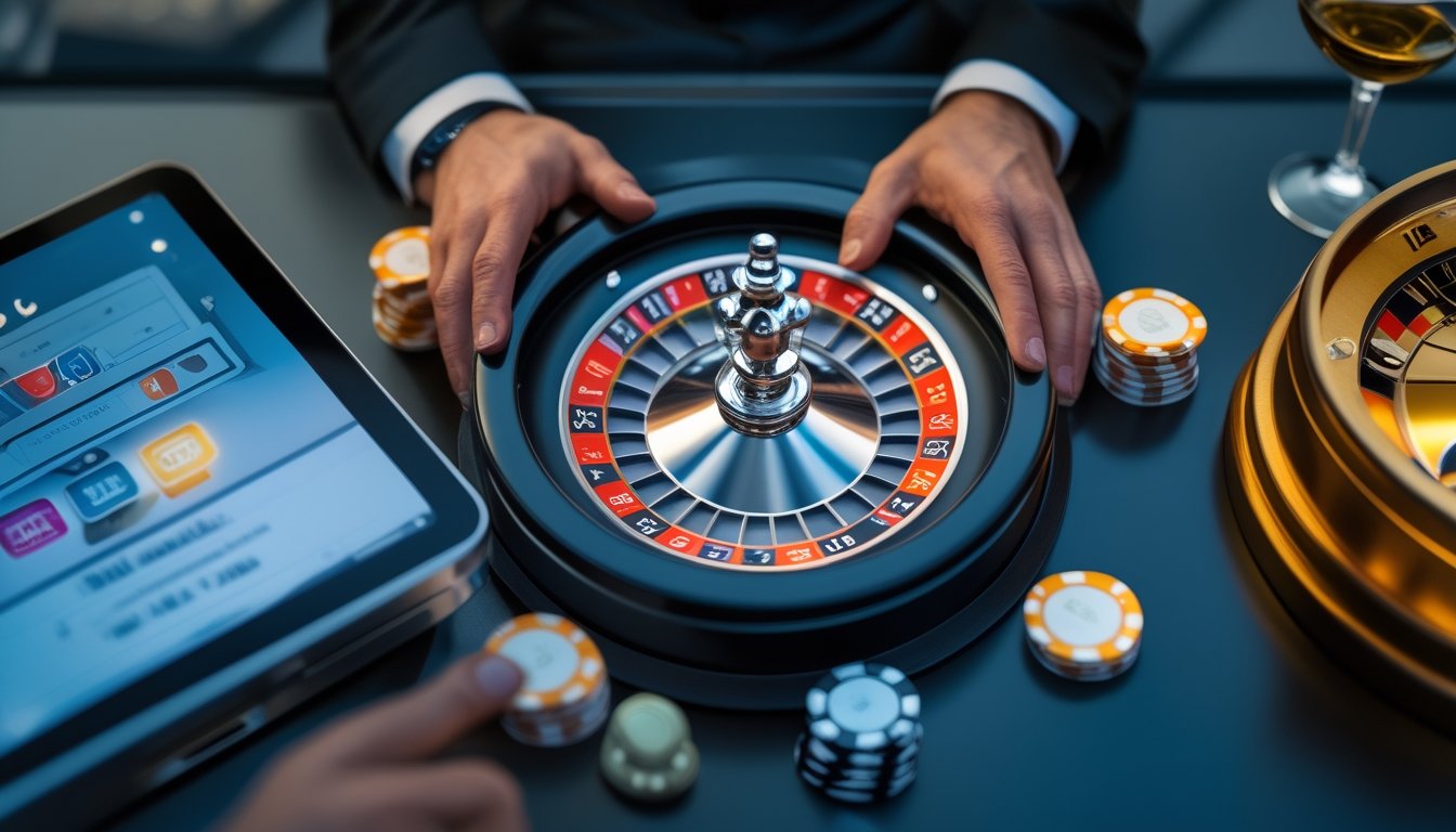 Roda roulette berputar dengan bola putih, keping taruhan, dan tangan dealer di meja kasino modern.