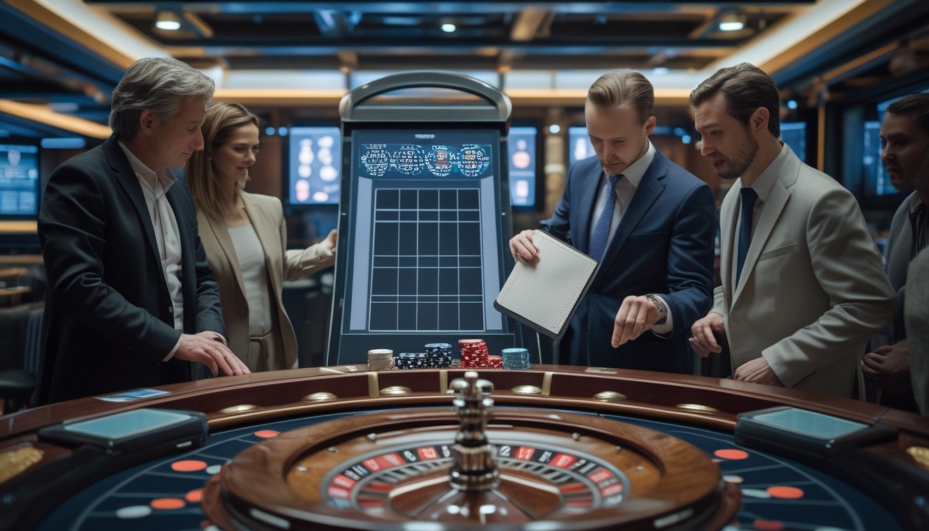 Pemula mengamati permainan roulette langsung bersama dealer di meja kasino modern.