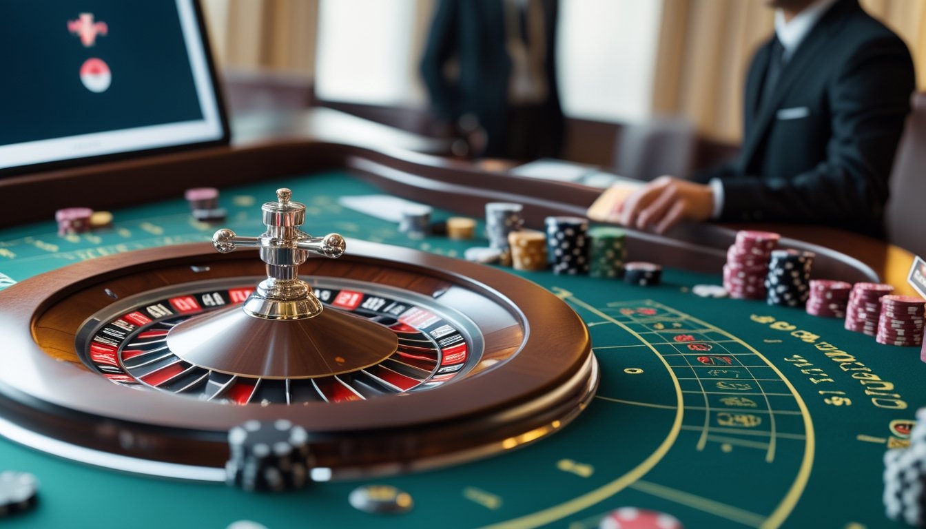 Dealer memandu permainan roulette langsung sementara pemain mengamati roda dan menempatkan chip taruhan.