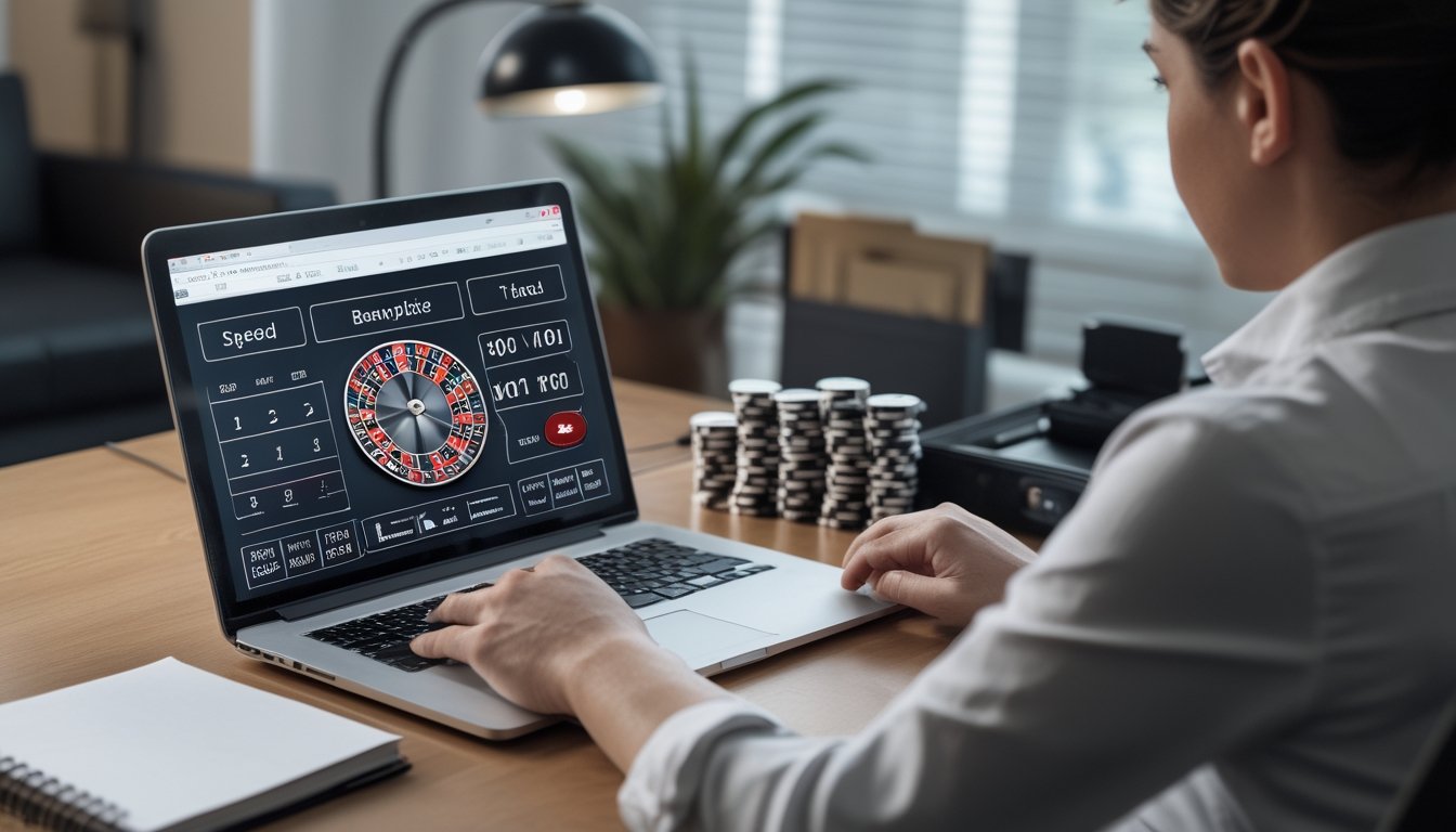 Seseorang mengatur anggaran permainan roulette online di meja kerja dengan laptop, kalkulator, buku catatan, dan keping taruhan.