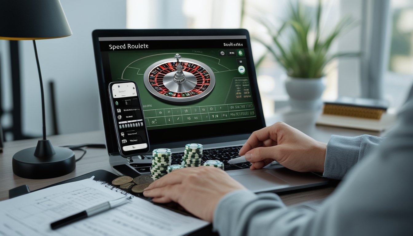 Tangan seseorang menata keping taruhan di samping laptop roulette, kalkulator, ponsel, dan buku catatan kosong.