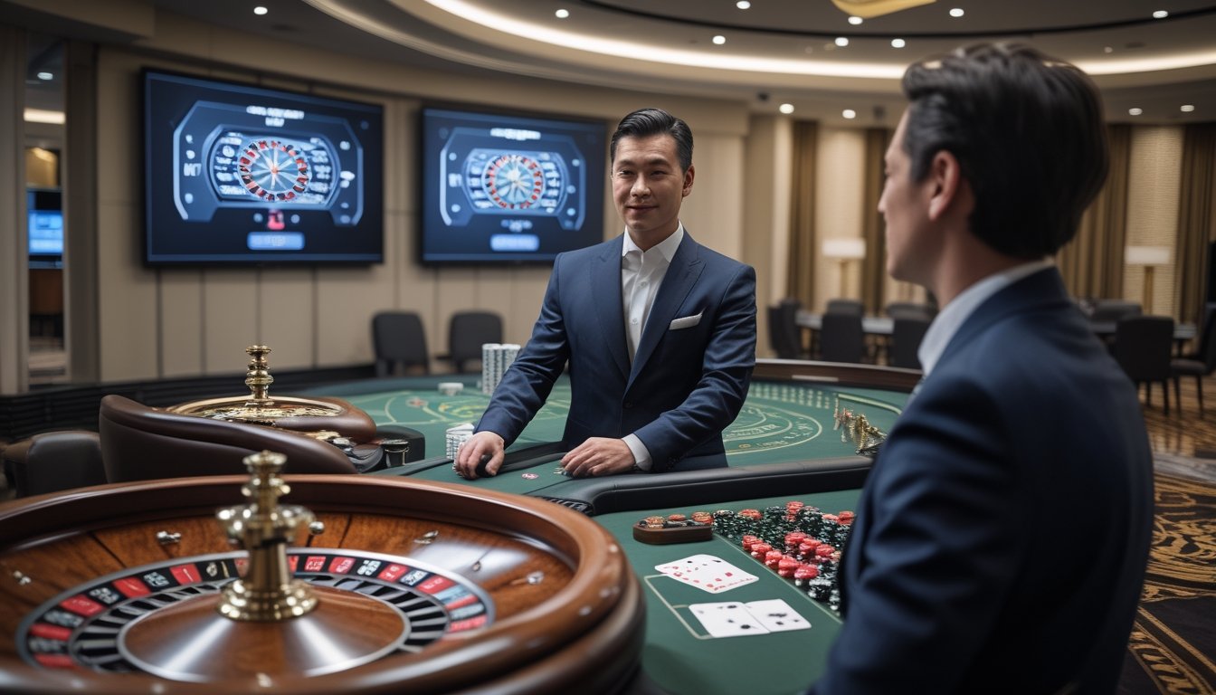 Dealer memandu permainan roulette langsung di studio kasino modern dengan pemain yang mengamati roda roulette.