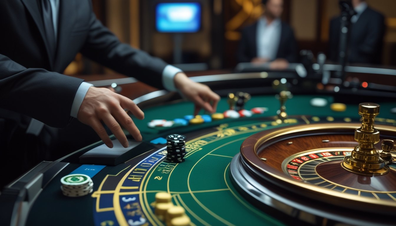 Roda roulette berputar di meja hijau dengan dealer dalam studio siaran langsung.