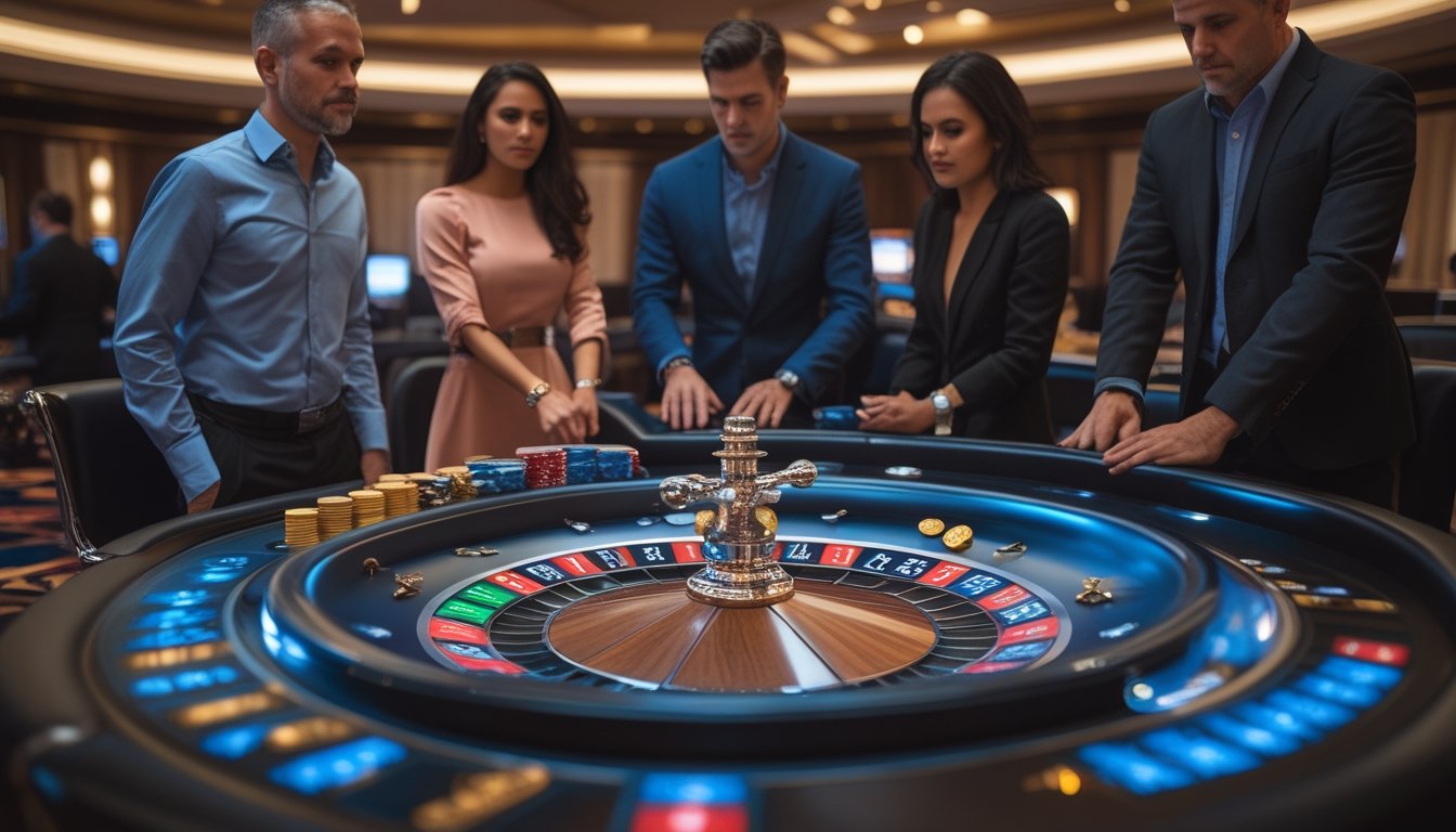 Pemain dewasa mengamati roda roulette dan chip taruhan di kasino modern.
