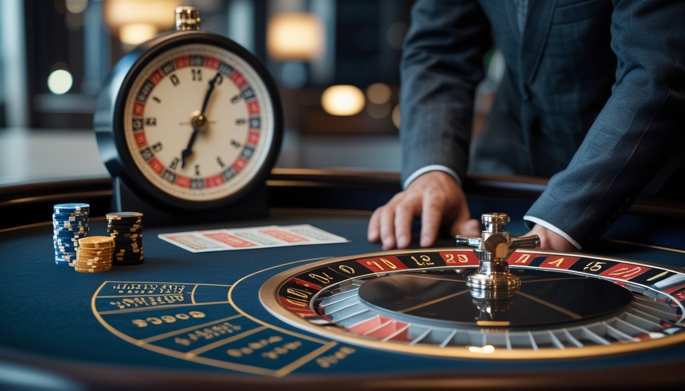 Roda roulette modern, keping taruhan, dan jam yang menggambarkan pentingnya waktu dalam bermain.