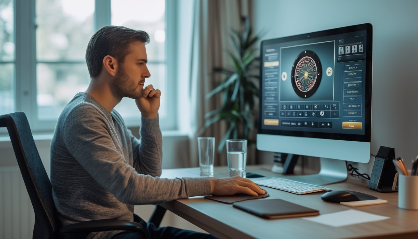 Seseorang beristirahat dari permainan roulette online di meja kerja yang rapi.