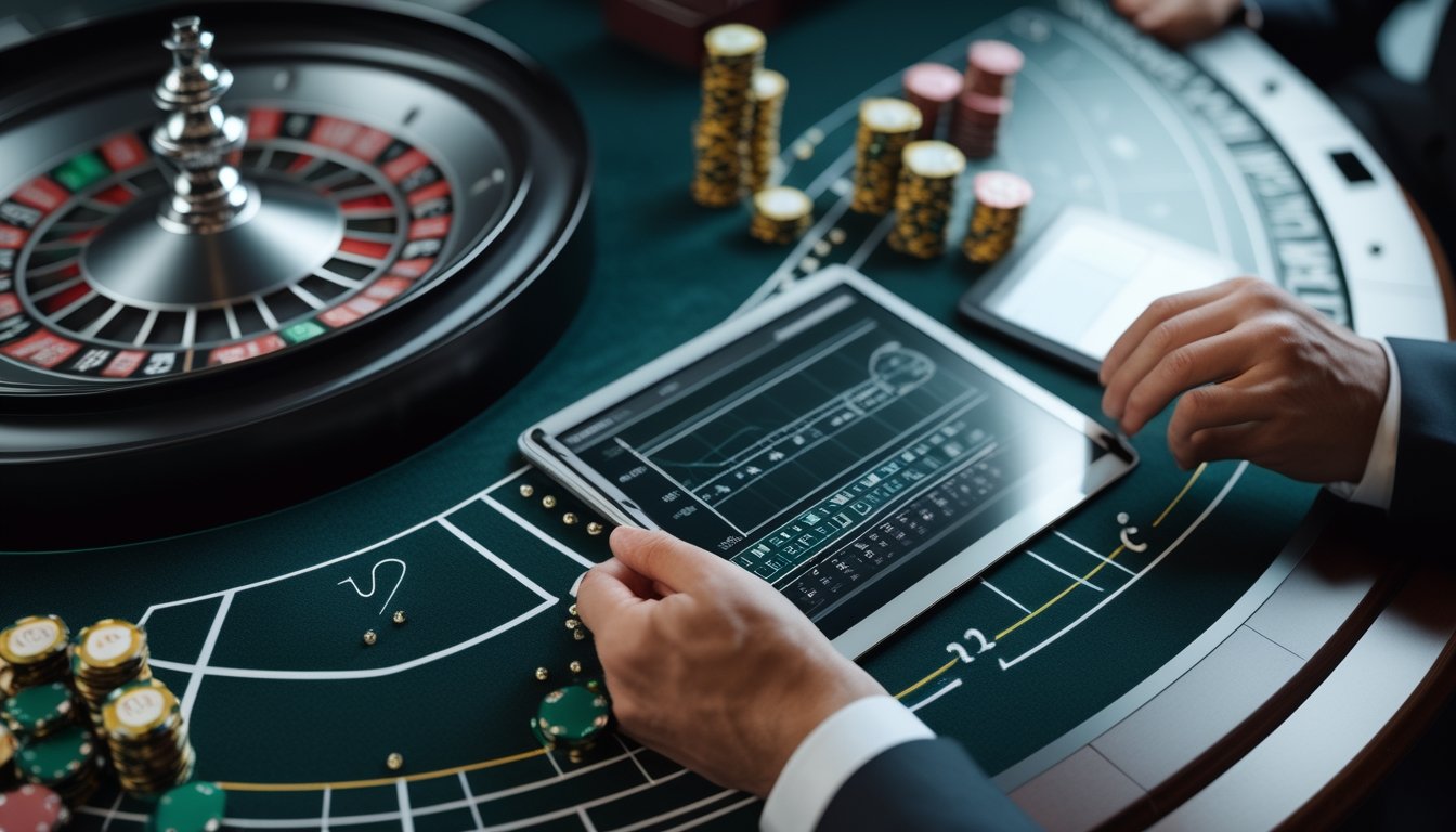 Seorang analis mempelajari pola data di samping roda rolet yang berputar.