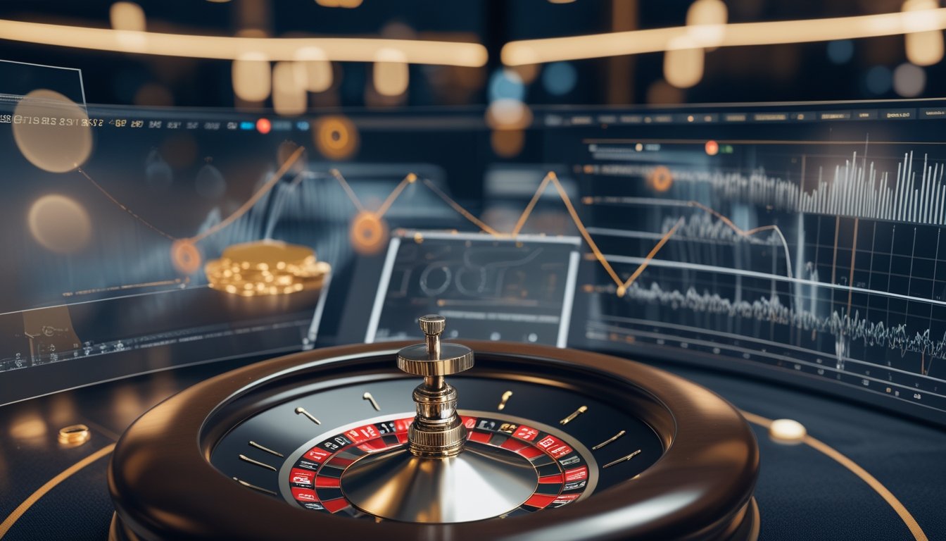 Roda roulette berputar dengan bola, dikelilingi visualisasi data dan perlengkapan analisis di meja.