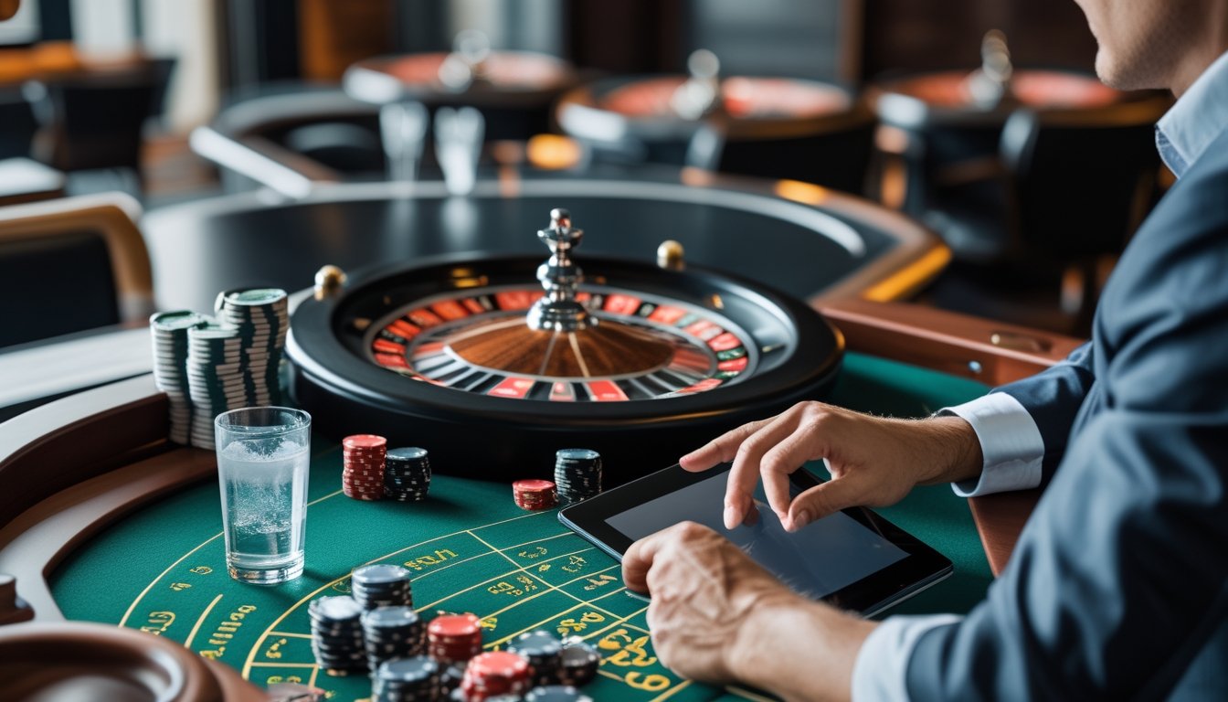 Seorang pemain dewasa yang tenang mengamati permainan roulette langsung di meja kasino modern.