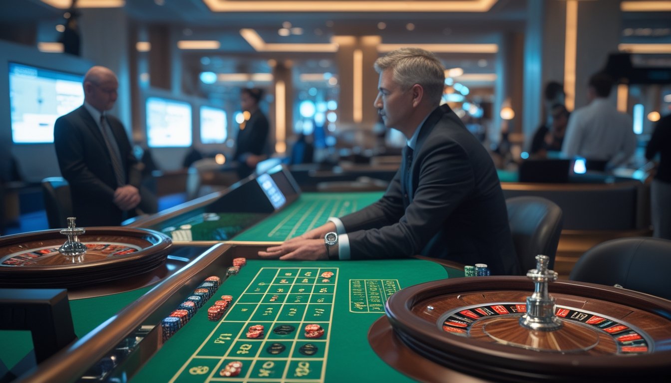 Pemain yang tenang mengamati meja roulette dengan dealer di kasino modern.
