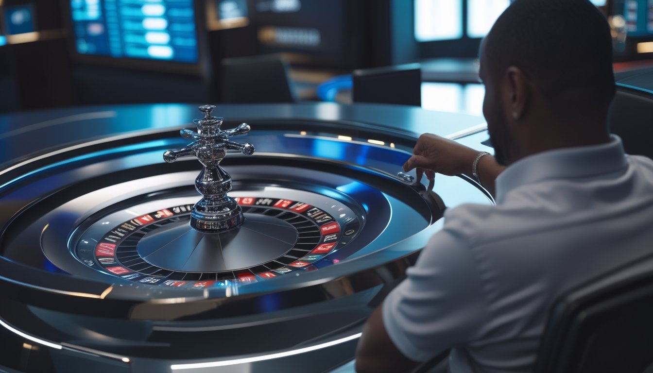 Pemain dewasa melihat permainan roda roulette modern di lingkungan kasino yang elegan.