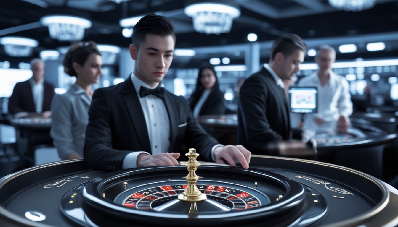 Croupier memutar roda roulette sementara pemain dewasa mengikuti permainan melalui perangkat digital.