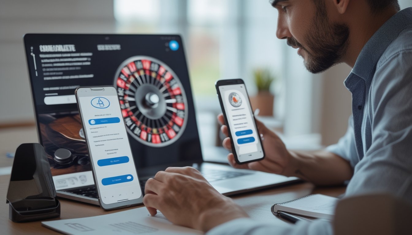Seseorang memeriksa keamanan situs roulette online menggunakan laptop dan ponsel di meja kerja.