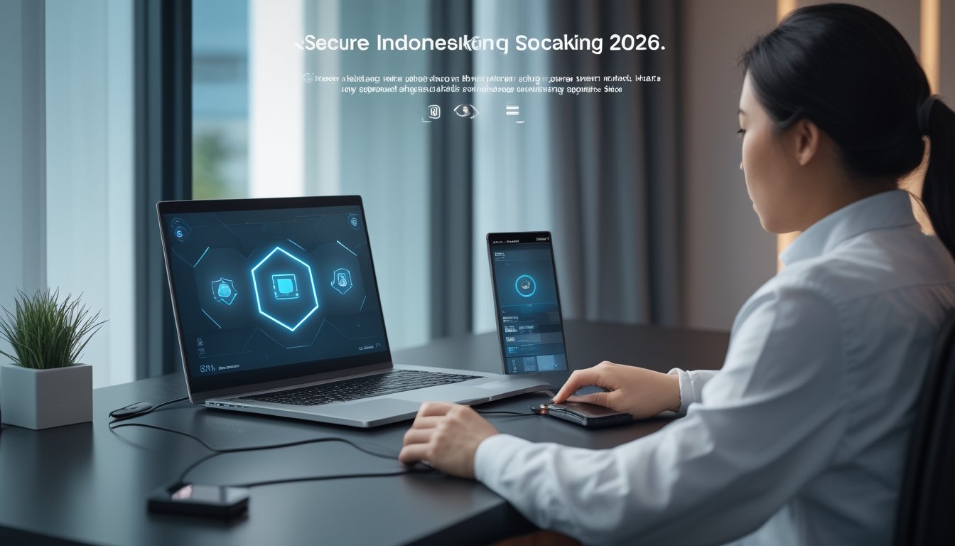 Orang dewasa melihat antarmuka permainan digital di laptop dengan elemen keamanan di meja kerja modern.