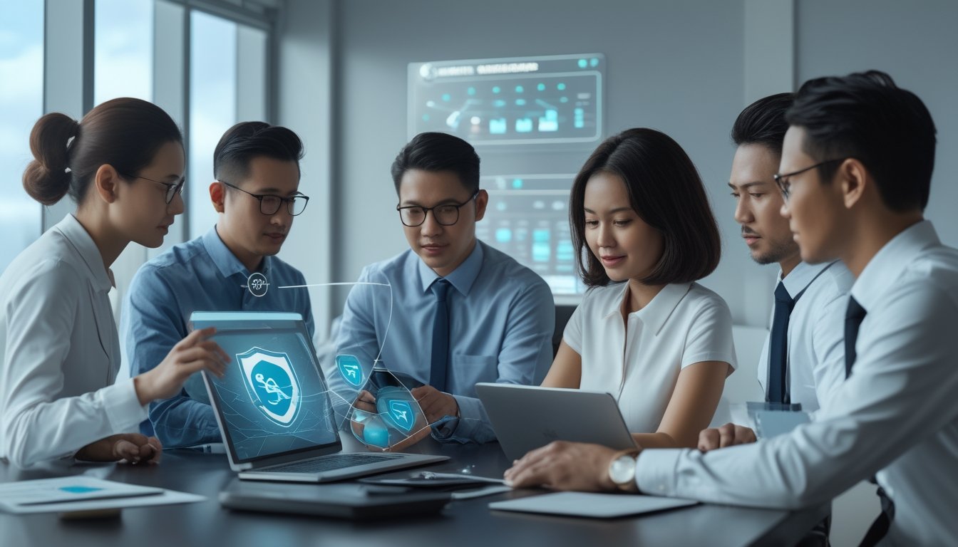 Profesional dewasa meninjau platform hiburan digital yang aman dengan simbol perisai dan verifikasi di ruang kerja modern.